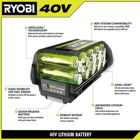 RYOBI 40V 6.0Ah battery life indicator helps monitor charge level.