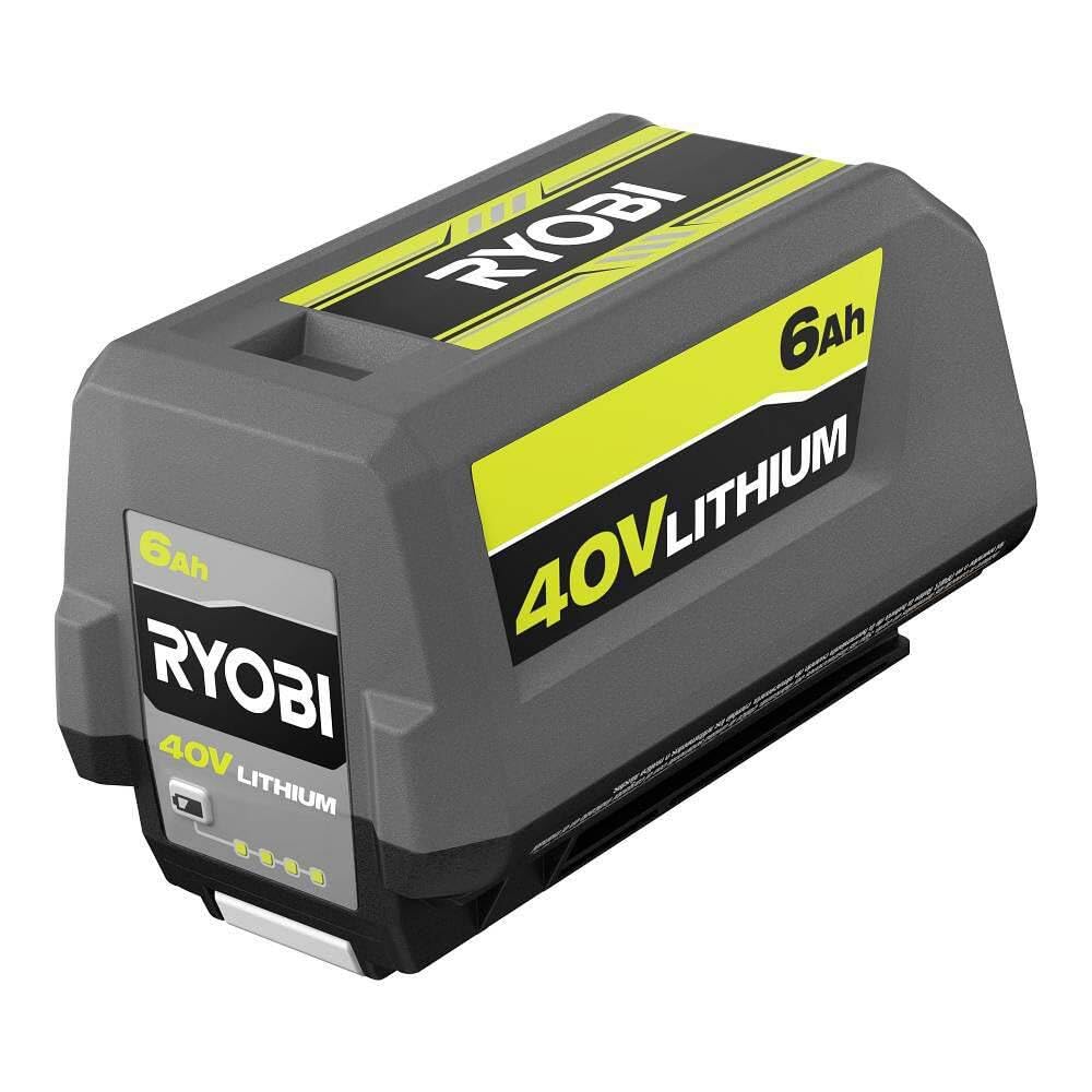 RYOBI 40V 6.0Ah battery on charger shows ready power for quick setup.