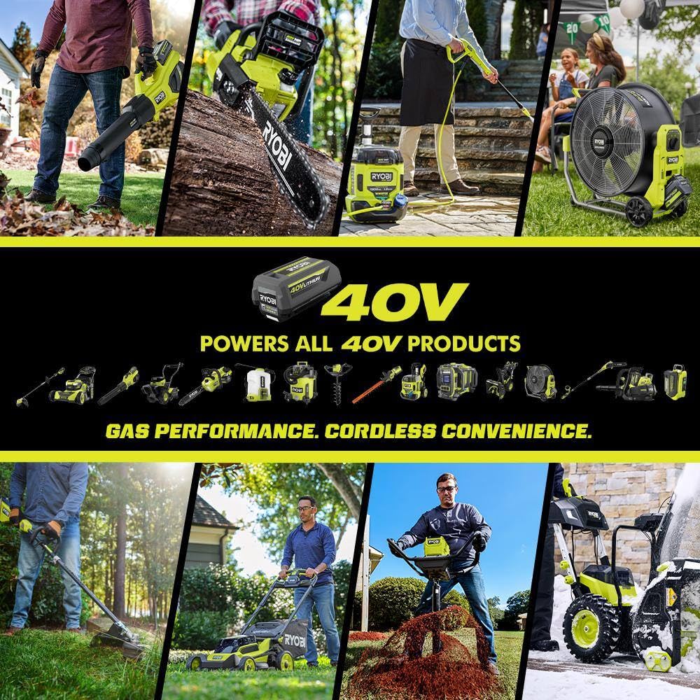 RYOBI 40V 6.0Ah battery demonstrating longer run time across tools.