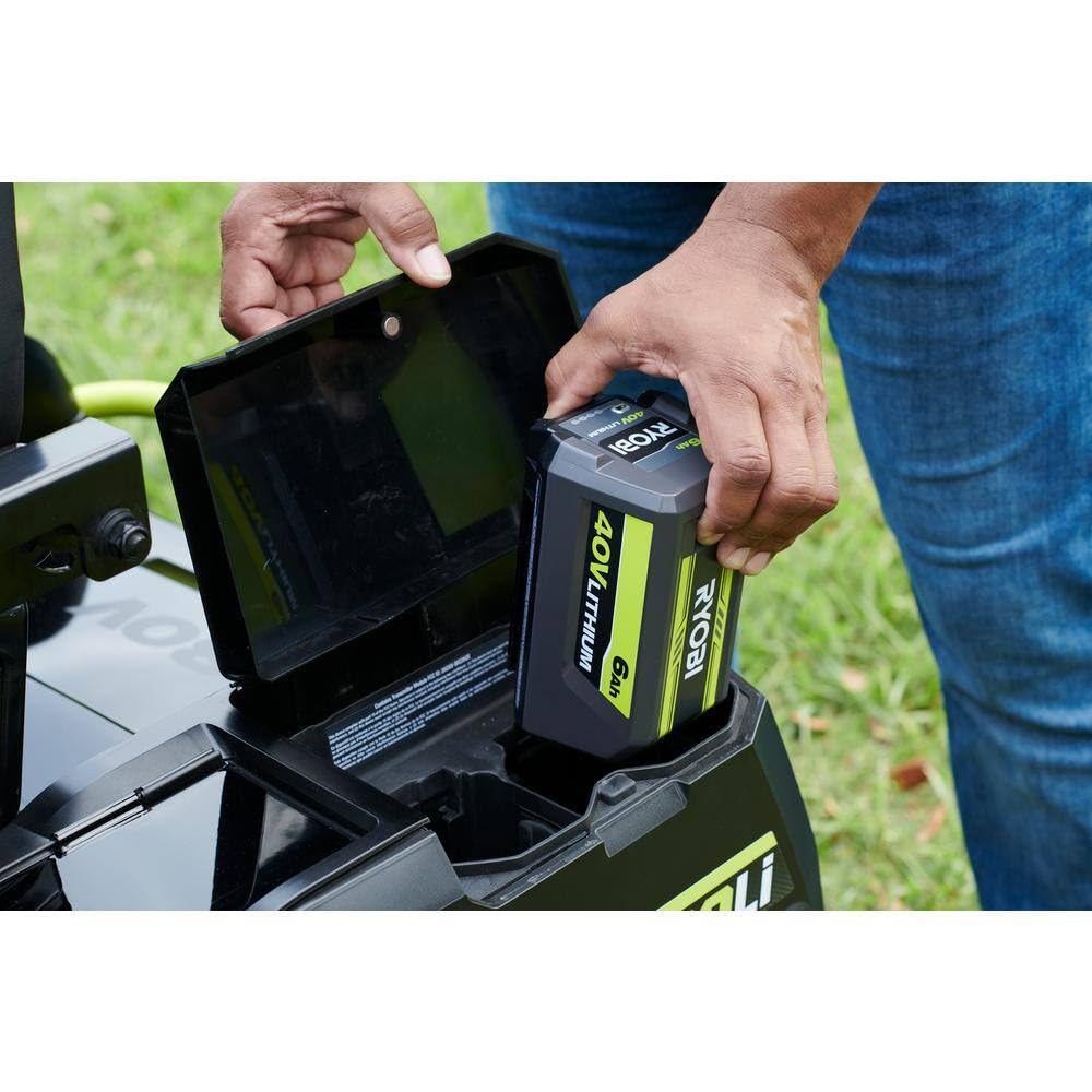 RYOBI 40V 6.0Ah battery shown with compatible chargers for easy swaps.