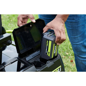 RYOBI 40V 6.0Ah battery shown with compatible chargers for easy swaps.