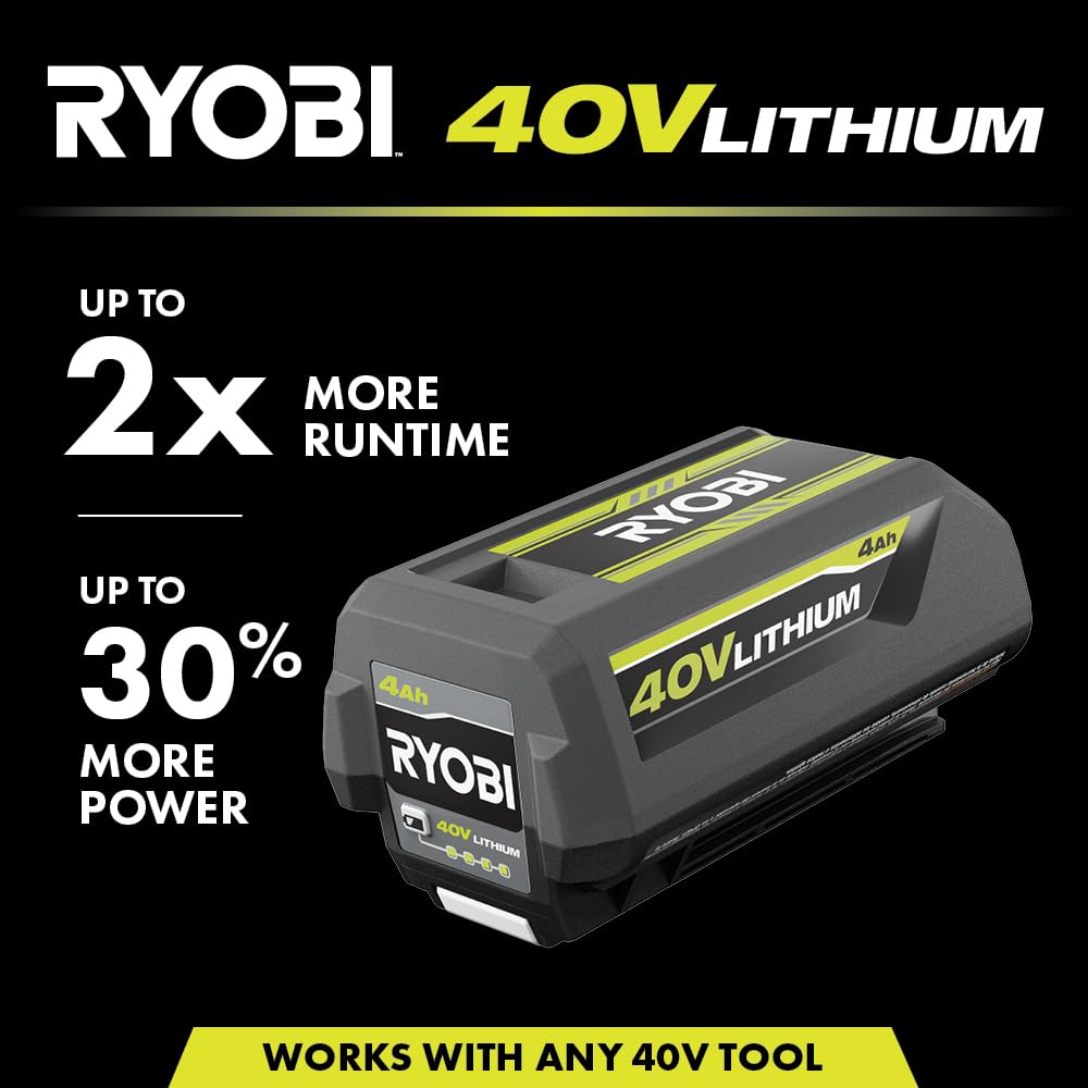 RYOBI 40V 4.0Ah battery packaging layout shows professional setup.