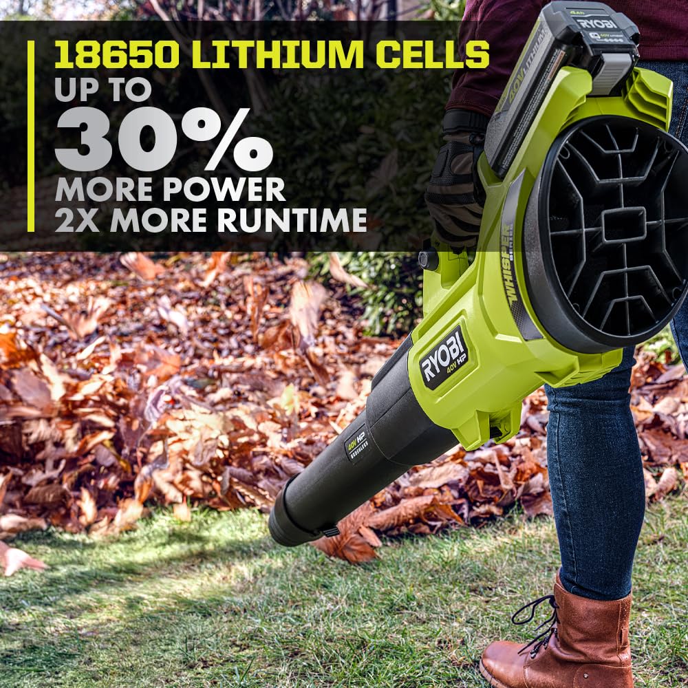 RYOBI 40V 4.0Ah battery safety label highlights proper handling.