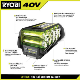 RYOBI 40V 4.0Ah battery side profile shows balanced build for extended use.