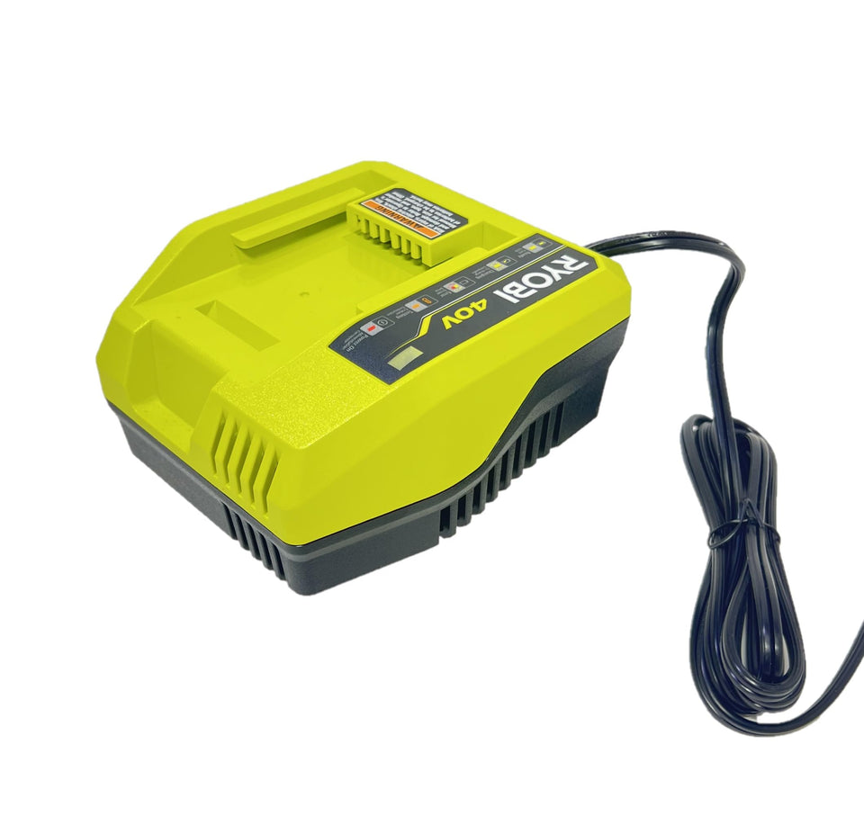 RYOBI 40-Volt Fast Charger front view highlights compact design for easy storage.