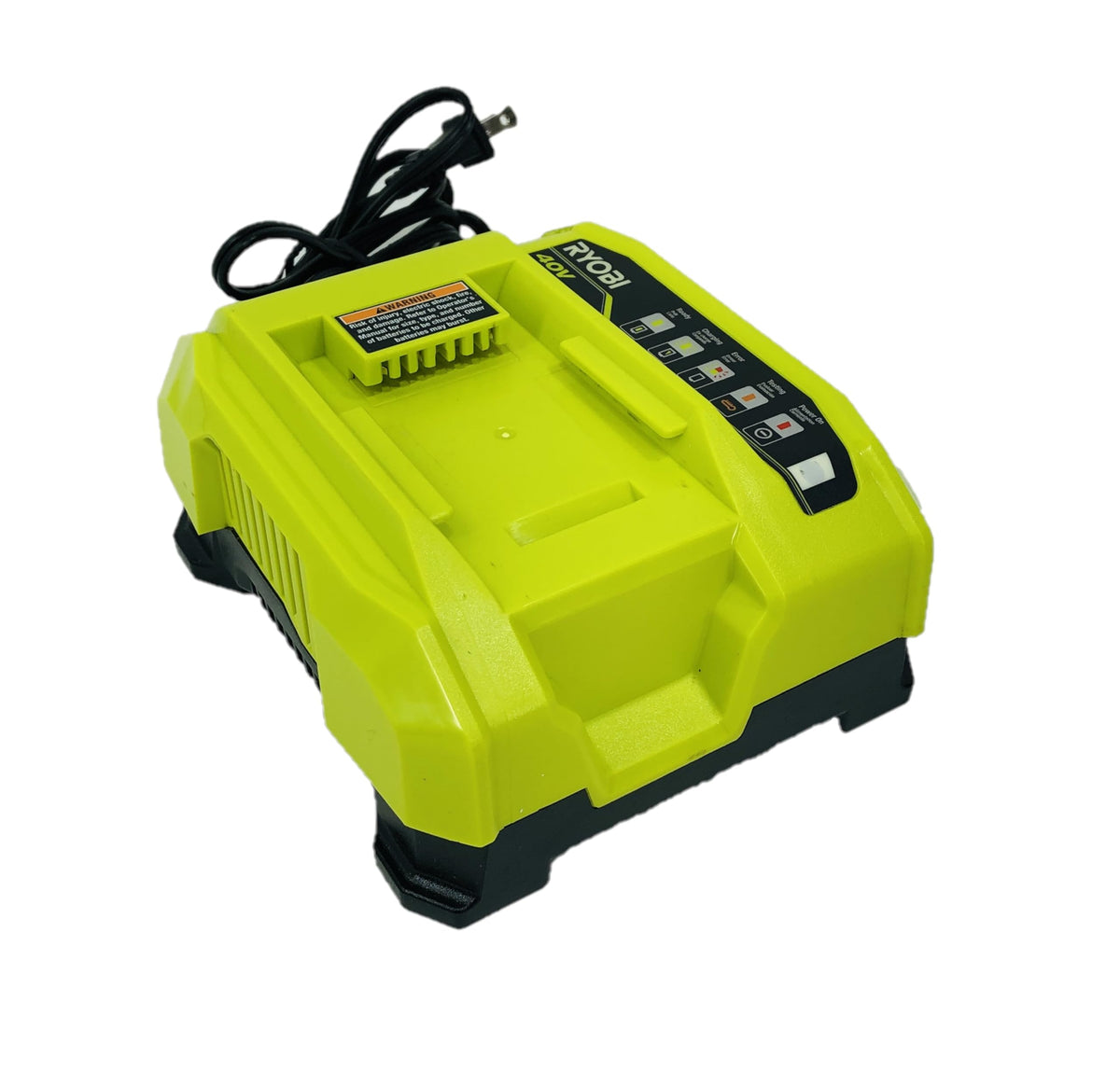 Ryobi 40V Lithium-Ion Rapid Charger front view shows compact, ready-to-use charging solution.