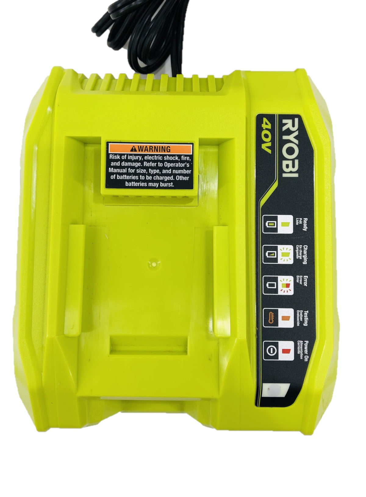 Ryobi 40V Lithium-Ion Rapid Charger top view reveals accessible ports and indicators.