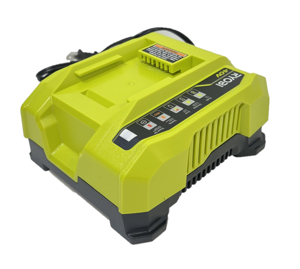 Ryobi 40V Rapid Charger compact design fits neatly on a workbench.