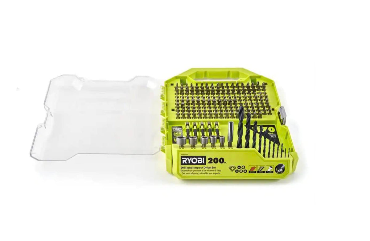 RYOBI bits on a workbench arranged for quick-access, organized workflow.