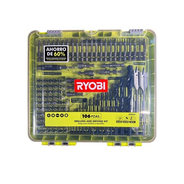 RYOBI 106-piece kit in a closed case showing organized storage