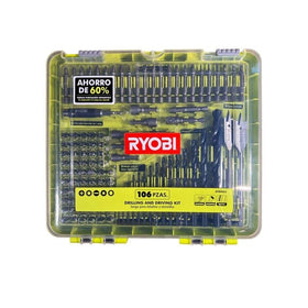 RYOBI 106-piece kit in a closed case showing organized storage