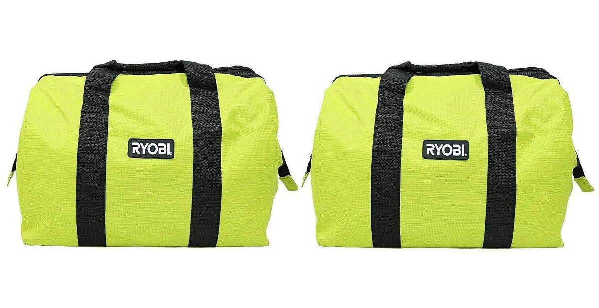 RYOBI green wide-mouth collapsible bag front view for quick on-site storage.