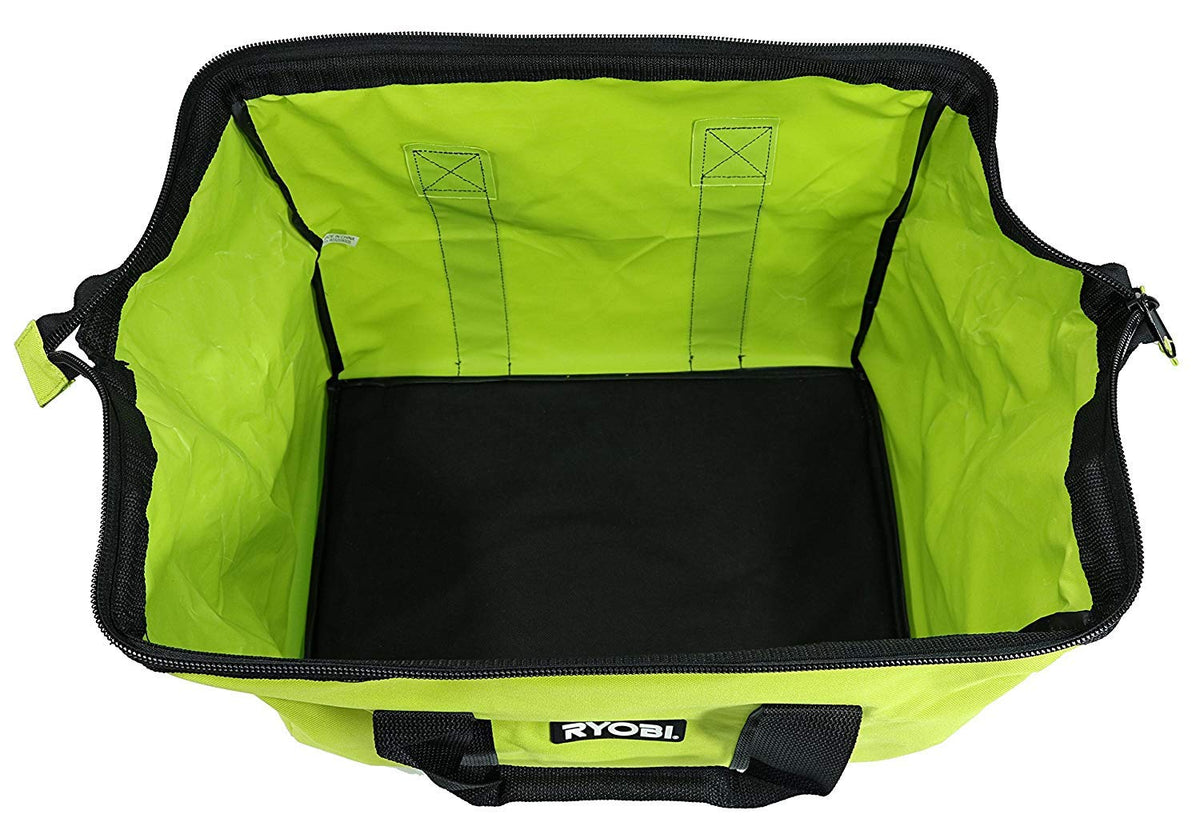 RYOBI green wide-mouth collapsible bag collapsed for compact storage and transport.