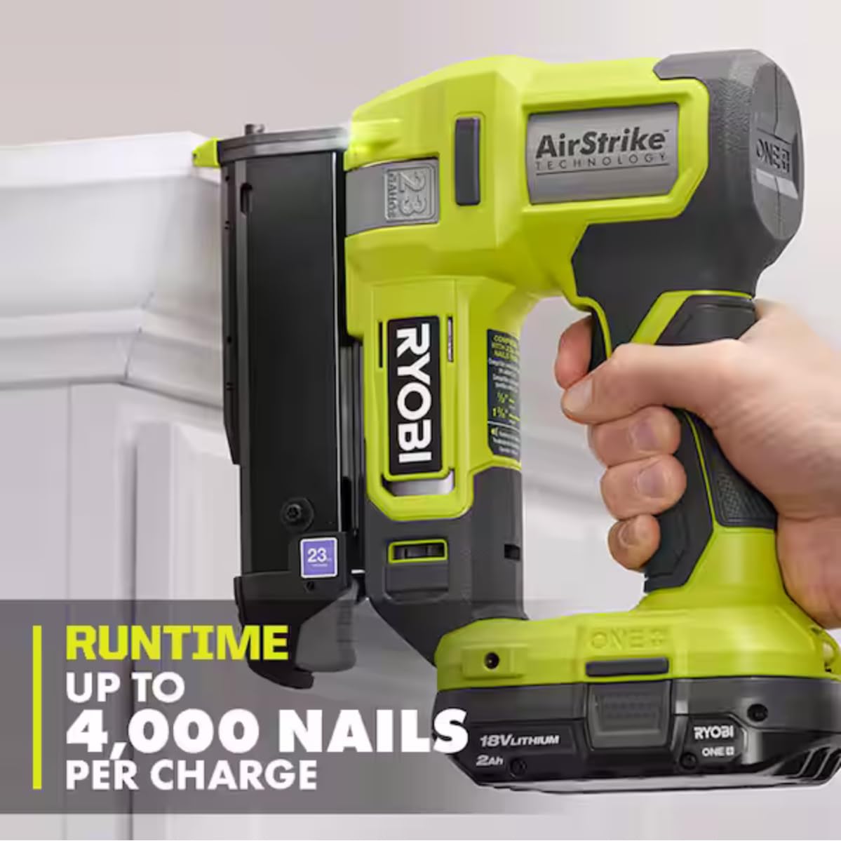 RYOBI ONEAND 18V AirStrike compact design enables tight spaces and precise pinning.