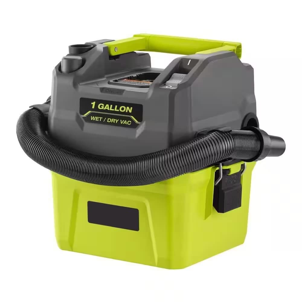 RYOBI ONEAND 18V wet/dry vacuum front view showing compact cleaning power
