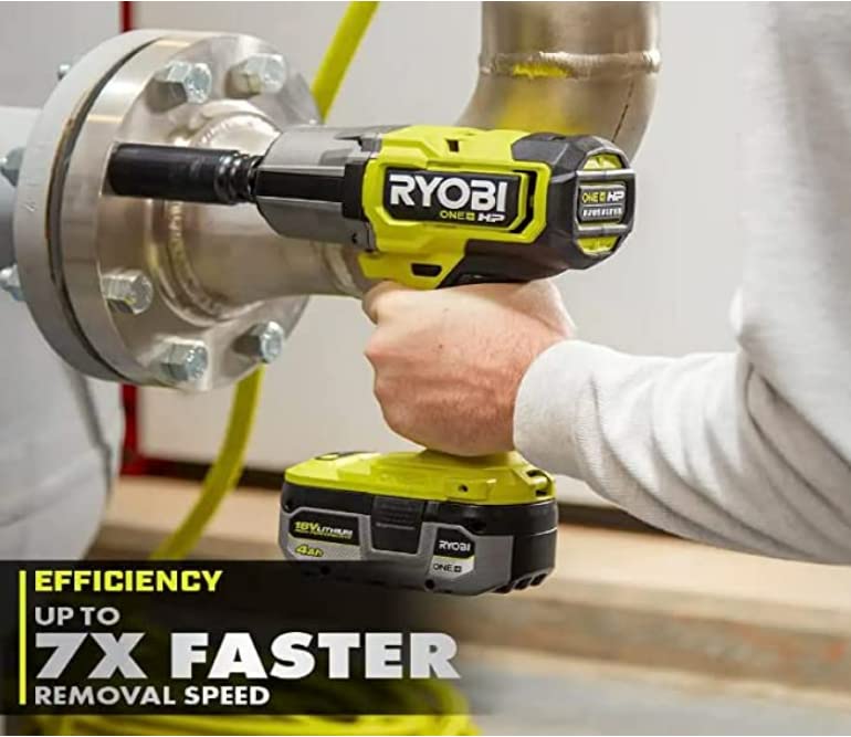 RYOBI ONEAND HP 18V brushless impact wrench in use illustrates efficient performance on challenging tasks.