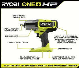 RYOBI ONEAND HP 18V brushless impact wrench side view shows compact grip for comfortable handling.