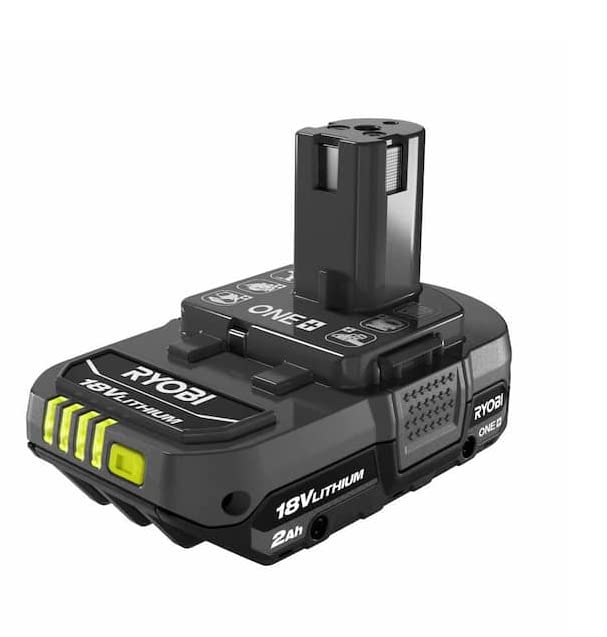 RYOBI ONE+ 18V 2Ah battery in action with quick-release latch for easy swaps