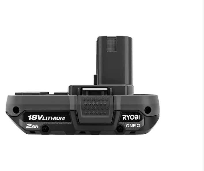 RYOBI ONE+ 18V 2Ah battery with LED fuel gauge showing remaining runtime