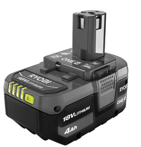 RYOBI ONE+ 18V 4.0Ah battery front view for extended runtime with compact design.