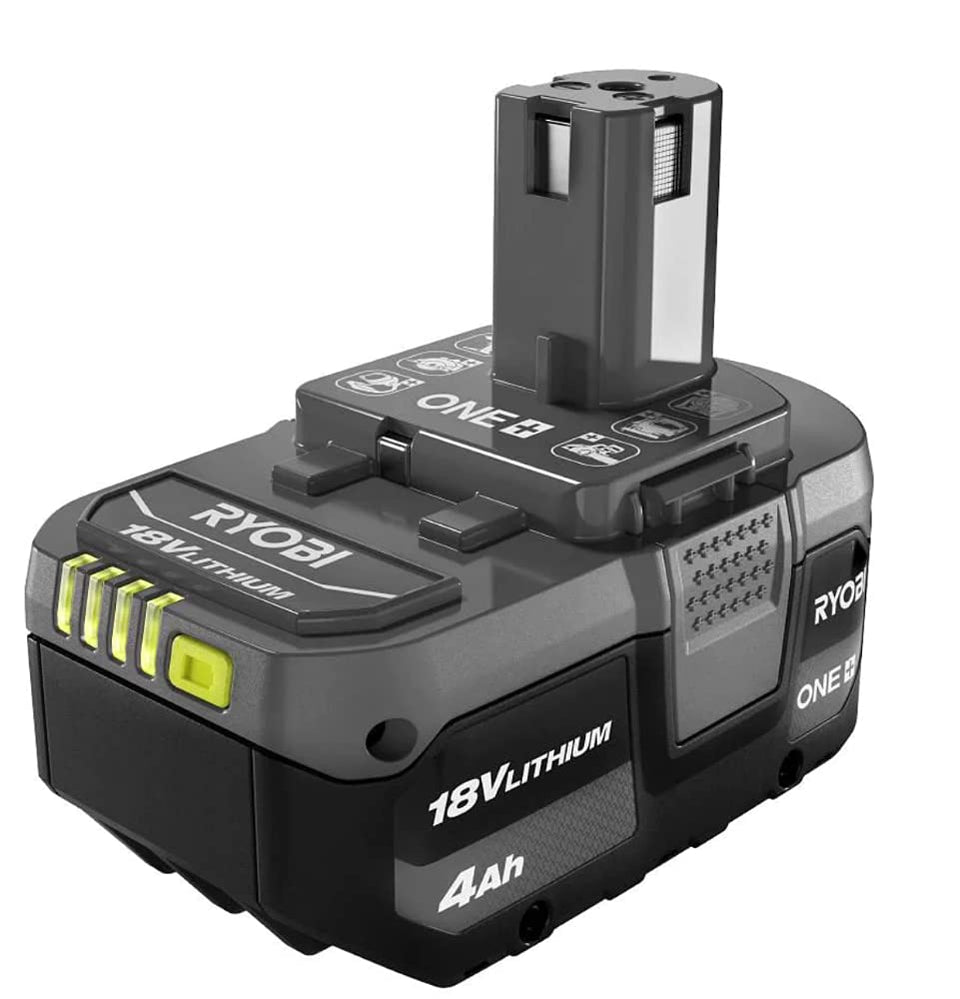 RYOBI ONE+ 18V 4.0Ah battery front view for extended runtime with compact design.