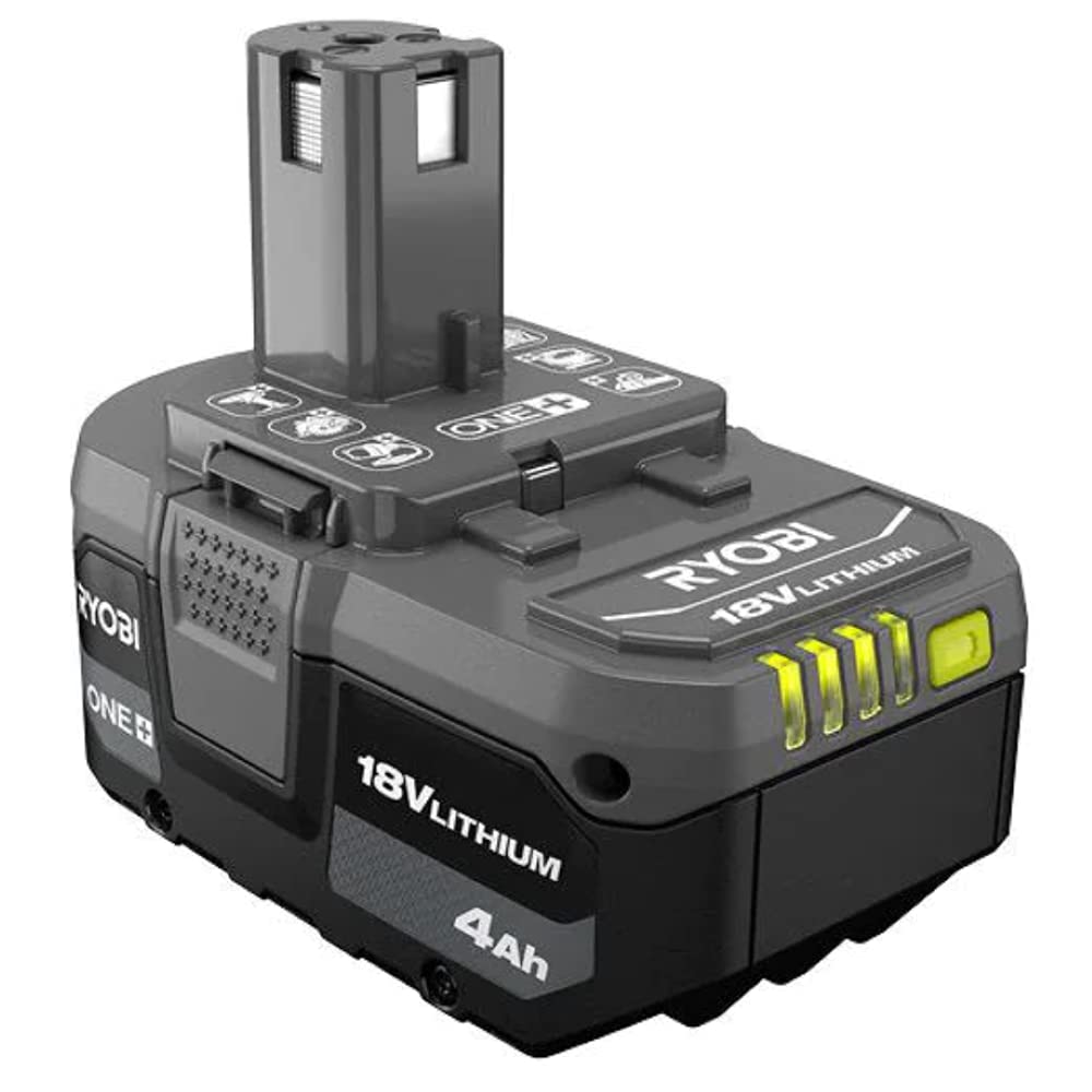 RYOBI ONE+ 18V 4.0Ah battery LED fuel gauge highlighting remaining charge for easier monitoring.