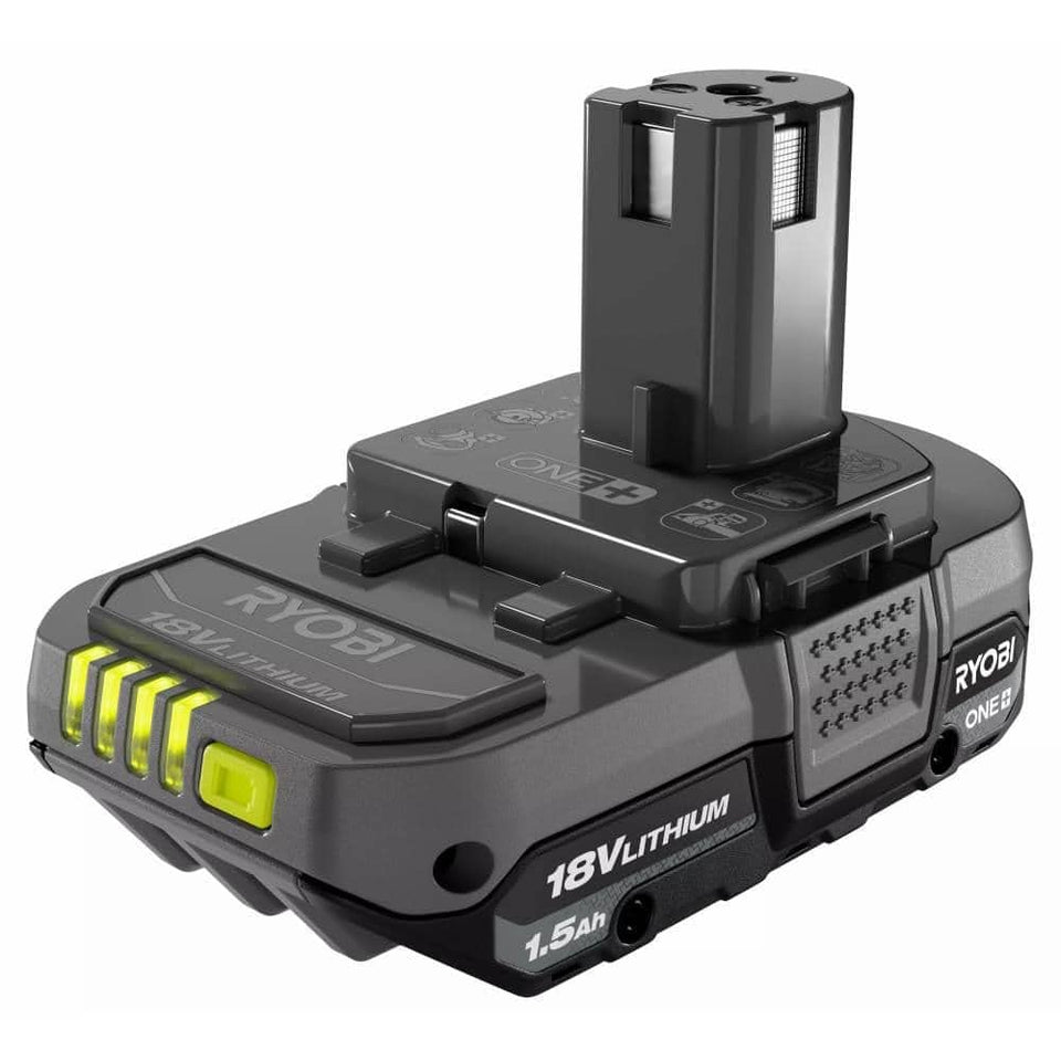 RYOBI ONE+ 18V battery PBP002 in use powering a tool for reliable outdoors work.