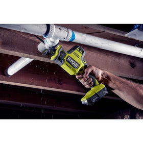 RYOBI ONE+ 18V battery with tools demonstrating quick swap and ready power.