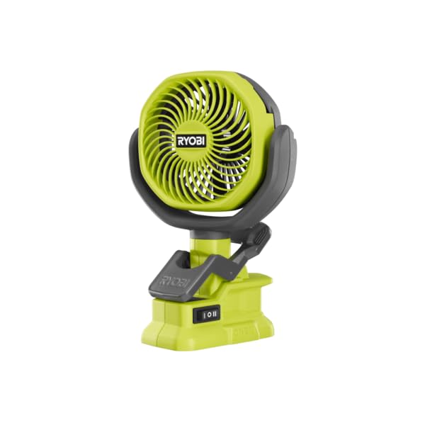 RYOBI One+ 18V clamp fan delivering portable cooling on a job site