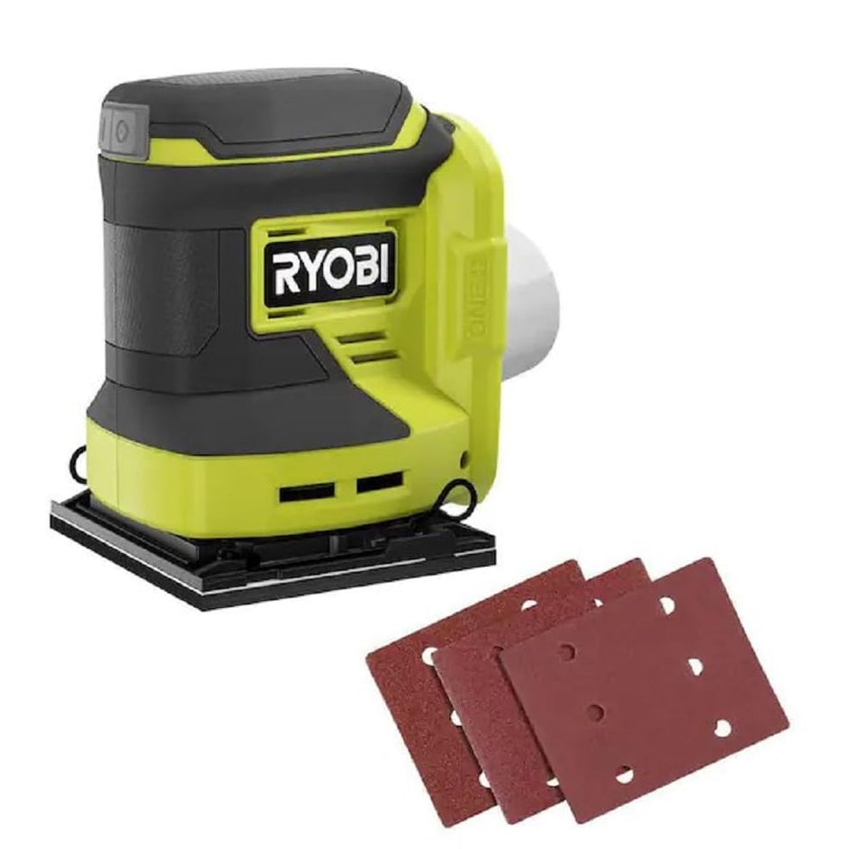RYOBI PCL401B 1/4 sheet sander in use with on-board dust collection for a cleaner workspace