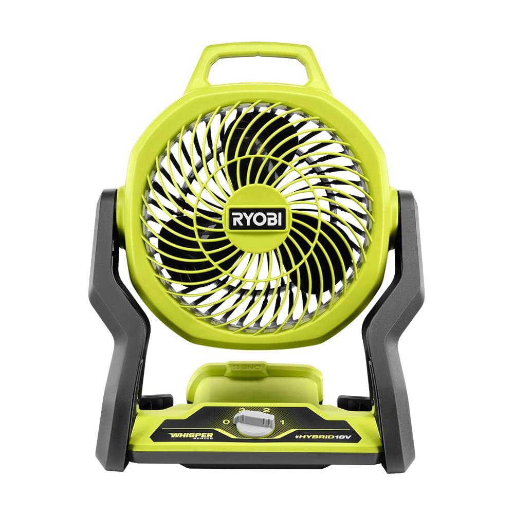 RYOBI ONE+ 18V cordless hybrid Whisper fan with 7-1/2 inch blade ideal for workshops.