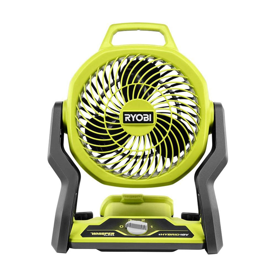 RYOBI ONE+ 18V cordless hybrid Whisper fan with 7-1/2 inch blade ideal for workshops.