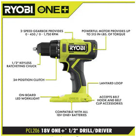 RYOBI ONE+ PCL206B drill side angled shot highlights comfortable grip during long tasks