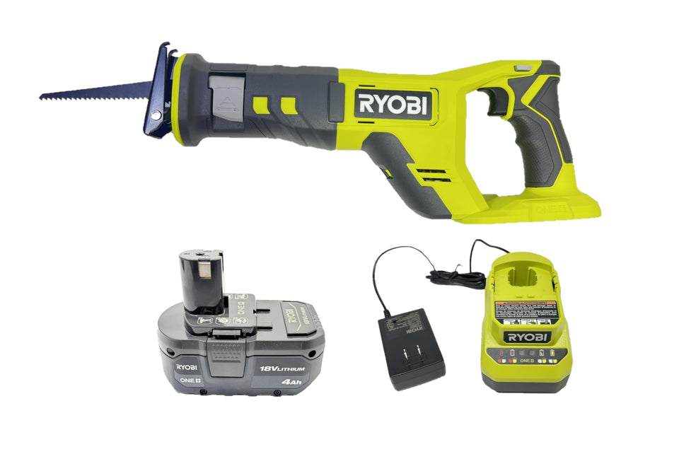 RYOBI One+ 18V reciprocating saw in action delivering fast cordless cutting across a workspace.