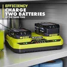 RYOBI ONE+ 18V charger powering two batteries at once for reduced downtime