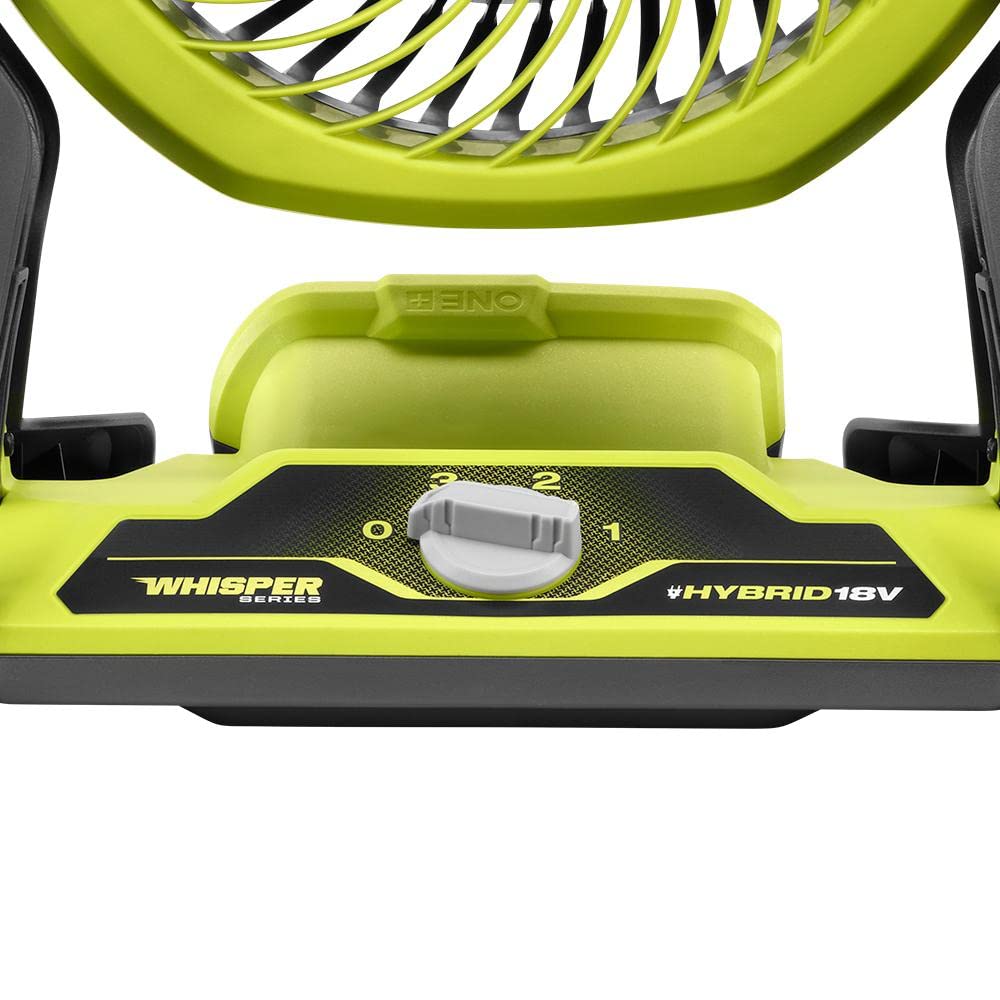 RYOBI ONE+ 18V Whisper Series fan delivers quiet airflow for tasks.