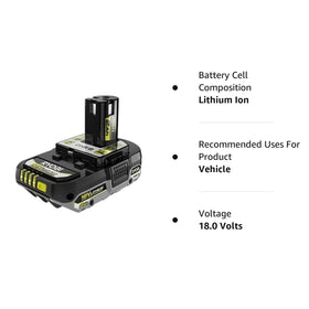 RYOBI ONE+ 18V High Performance 2Ah battery back view with quick-release button for easy attachment.