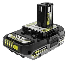 RYOBI ONE+ 18V High Performance 2Ah battery front view with LED gauge for quick runtime checks.