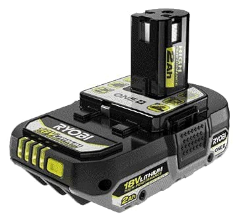 RYOBI ONE+ 18V High Performance 2Ah battery front view with LED gauge for quick runtime checks.