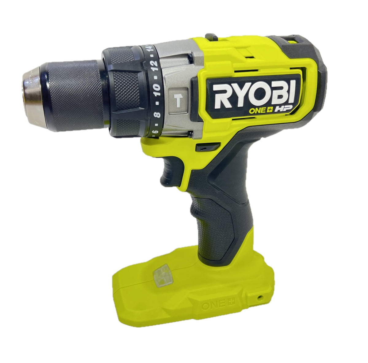 Ratcheting metal chuck on RYOBI drill ensuring secure bit changes.