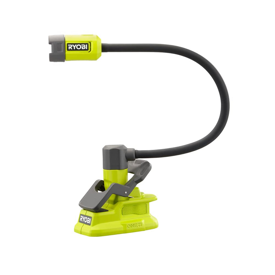 RYOBI PCL665 clamp light attached to a workbench for hands-free illumination