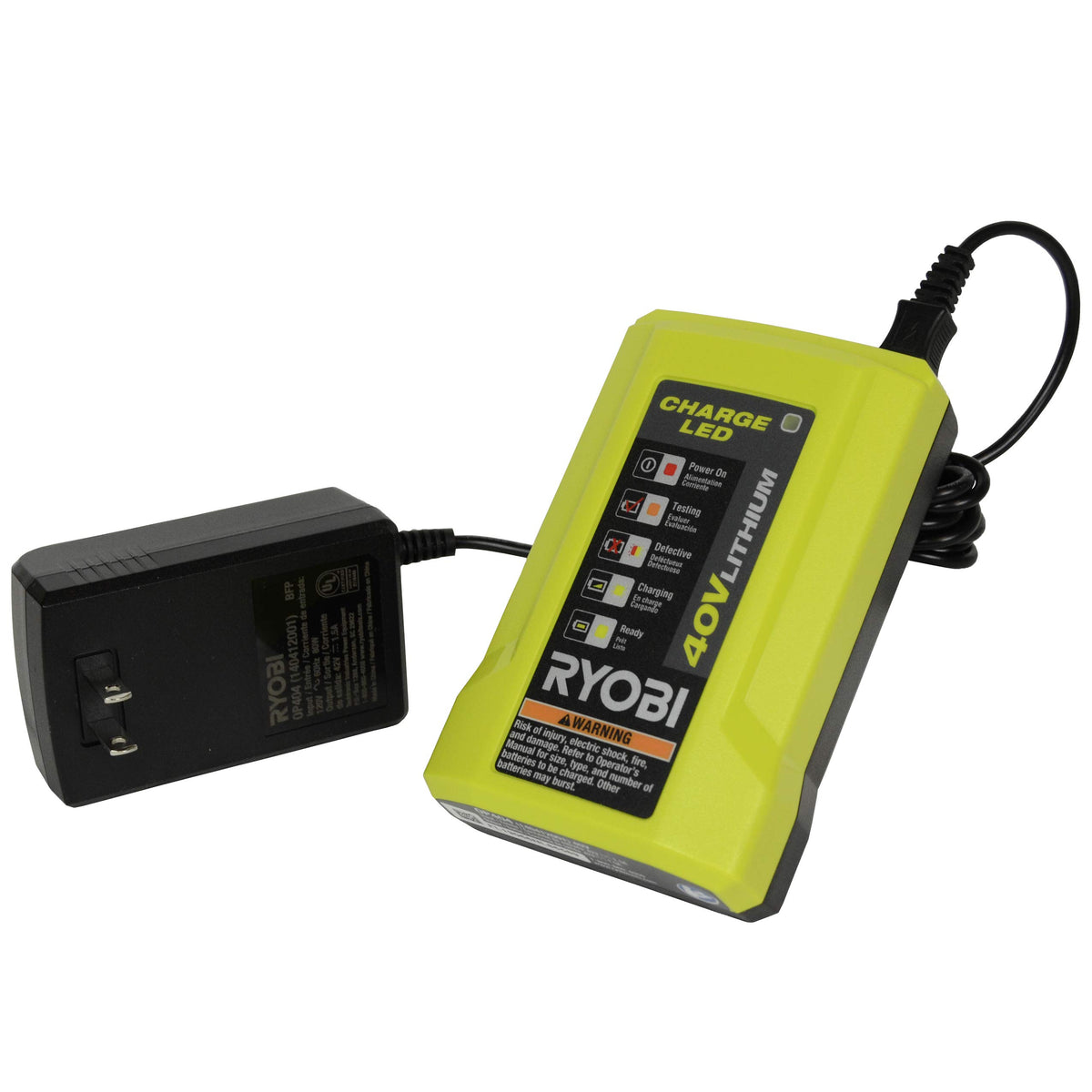 RYOBI OP404 40V battery compatibility supports all Ryobi 40V packs for versatile charging.