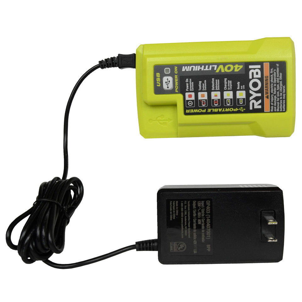 RYOBI OP404 front view, compact 40V charger for organized workspace.