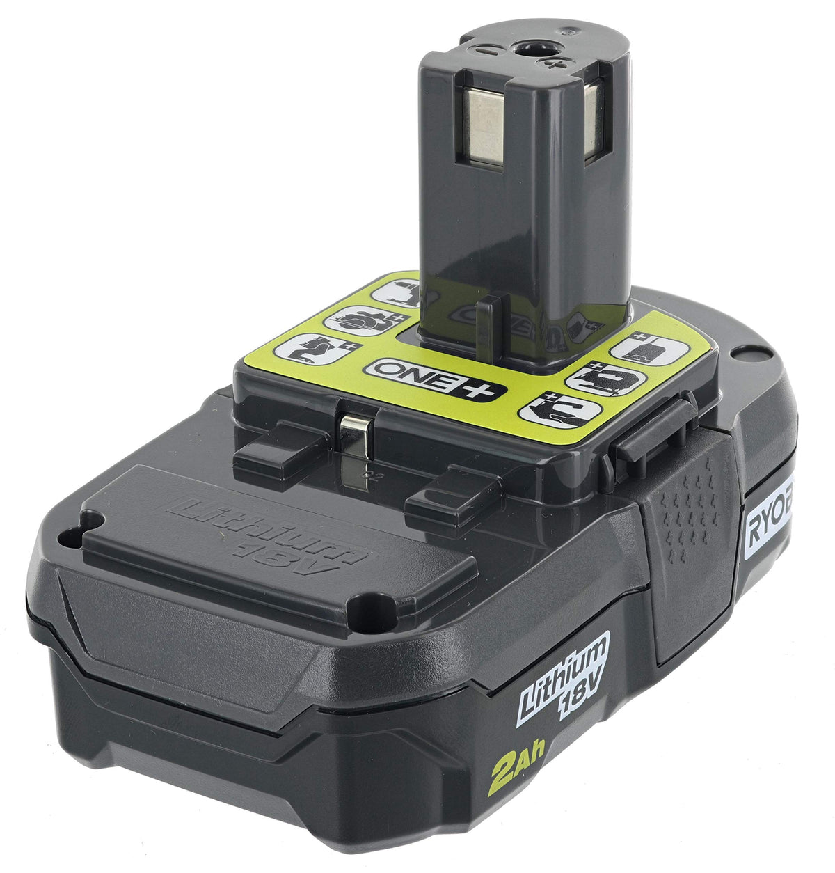 RYOBI P190 18V battery close-up highlighting compact, fatigue-reducing design for long jobs.