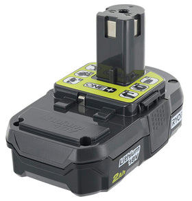 RYOBI P190 18V battery close-up highlighting compact, fatigue-reducing design for long jobs.