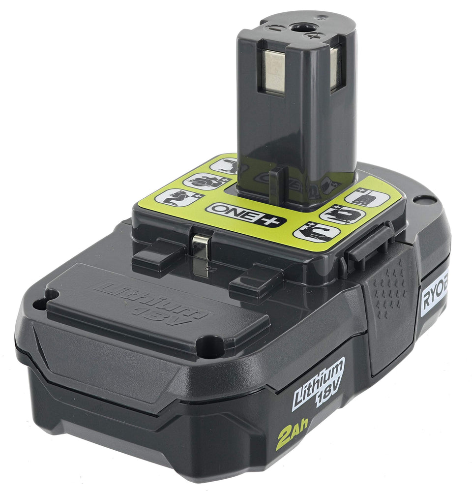 RYOBI P190 18V battery close-up highlighting compact, fatigue-reducing design for long jobs.