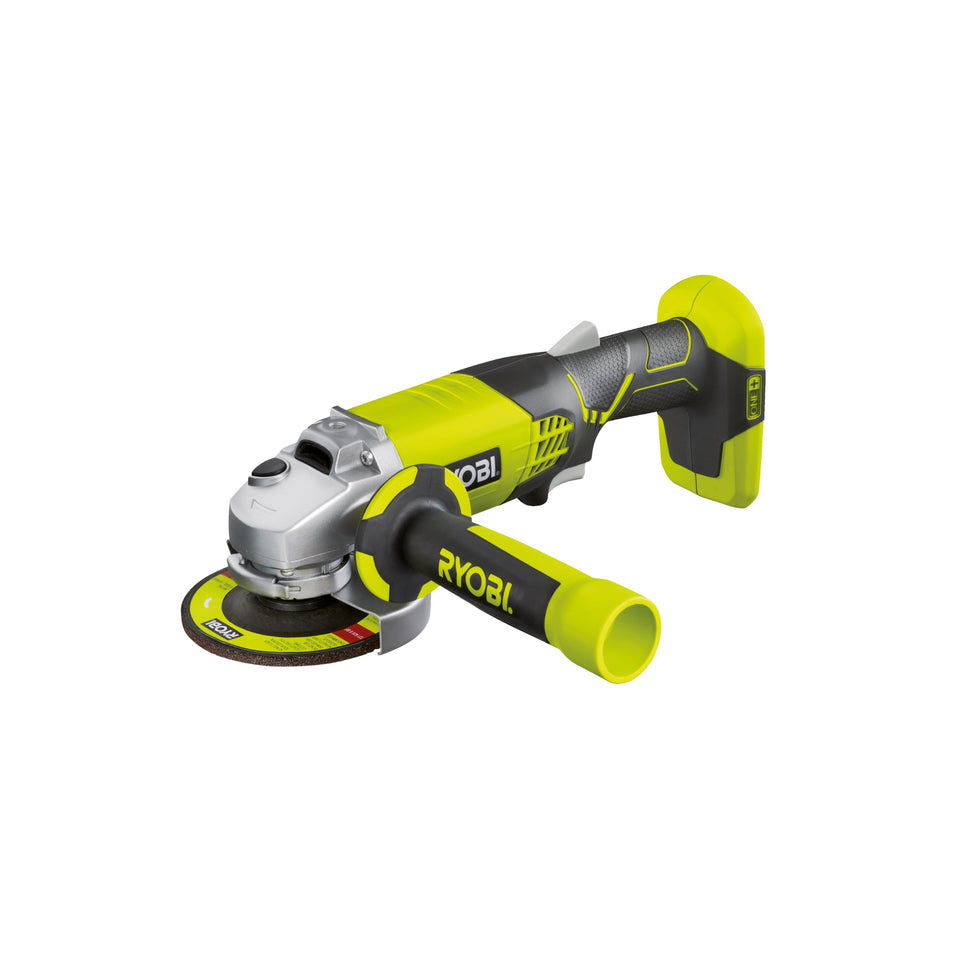 Ryobi R18AG-0 One+ cordless angle grinder angled for precise metal cuts