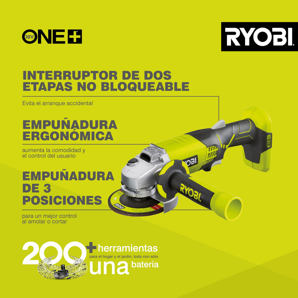 Ryobi R18AG-0 One+ cordless angle grinder with battery pack for portability