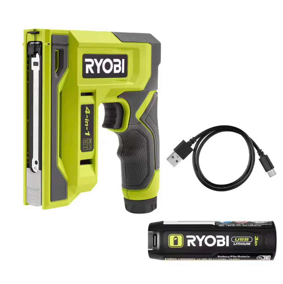RYOBI USB Lithium 4-in-1 stapler in a compact ergonomic design for versatile projects