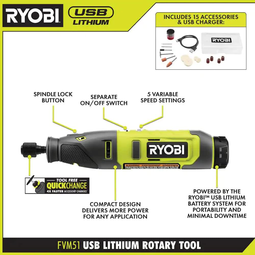 RYOBI rotary tool kit charging cable shown for on-site power.